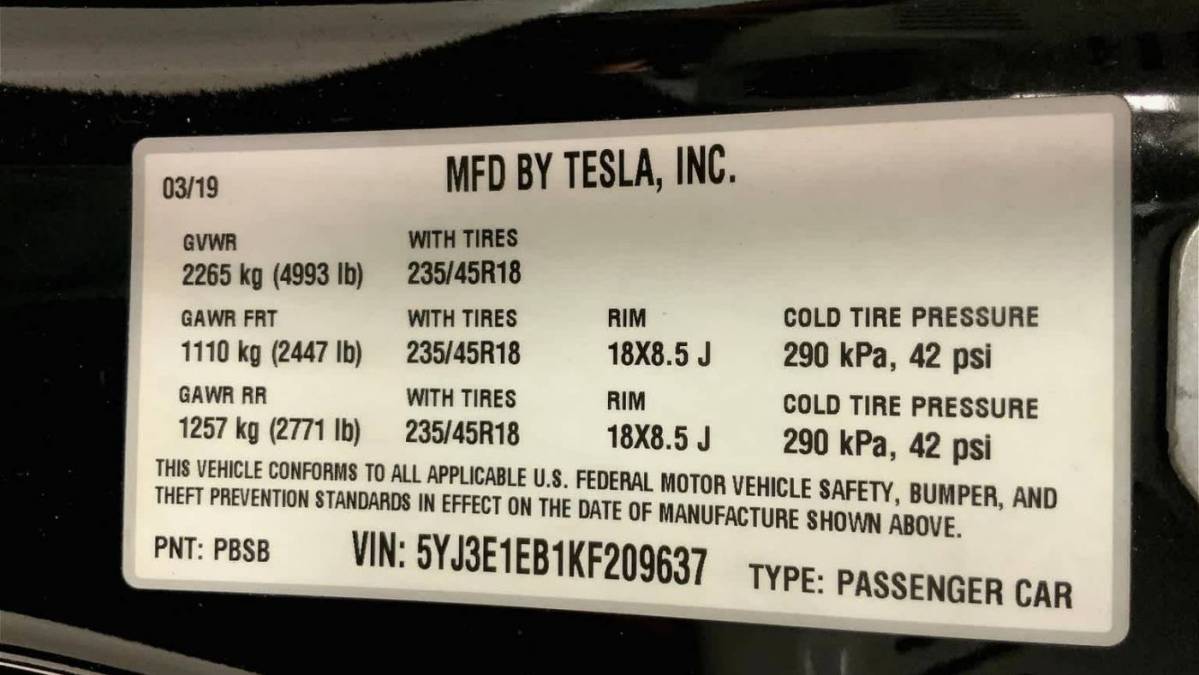 2019 Tesla Model 3 5YJ3E1EB1KF209637