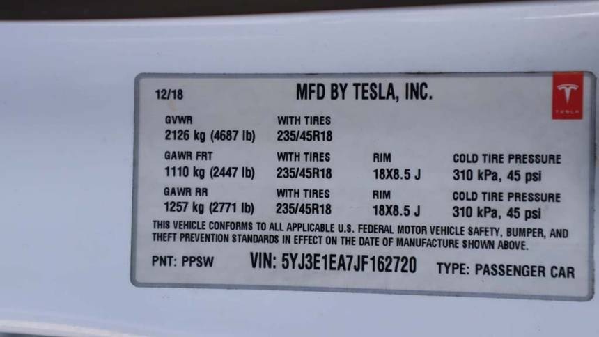 2018 Tesla Model 3 5YJ3E1EA7JF162720