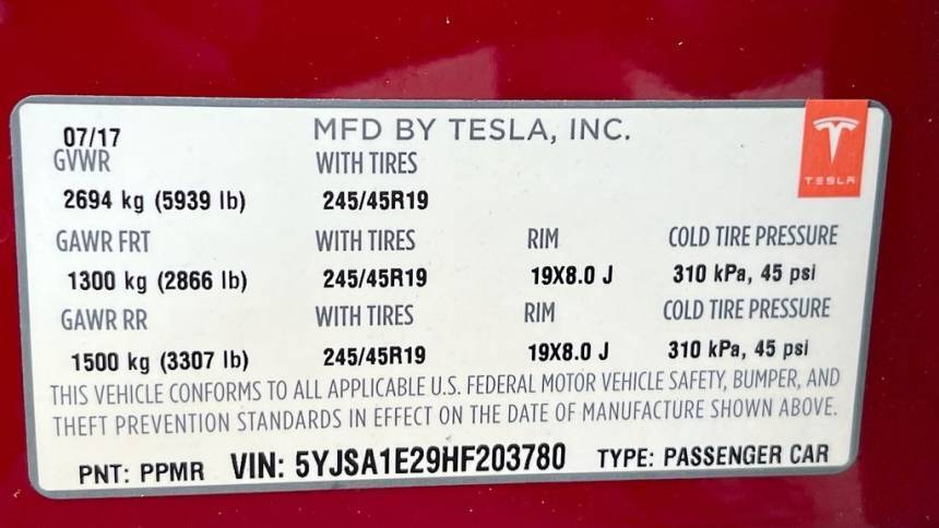 2017 Tesla Model S 5YJSA1E29HF203780