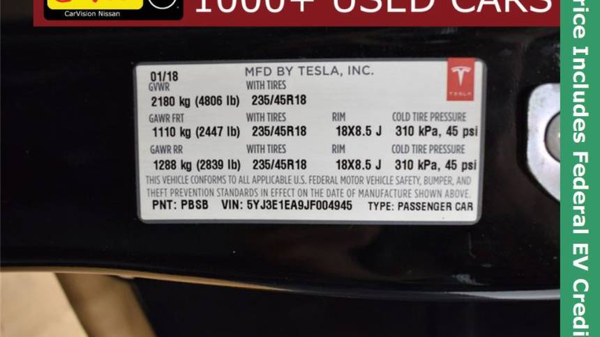 2018 Tesla Model 3 5YJ3E1EA9JF004945