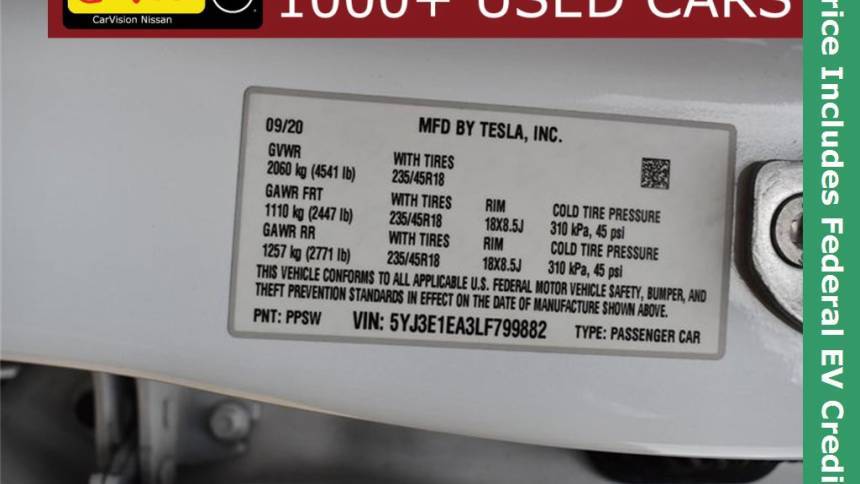 2020 Tesla Model 3 5YJ3E1EA3LF799882