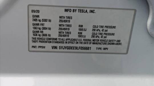 2020 Tesla Model Y 5YJYGDEE9LF056681