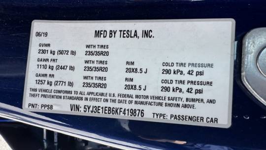 2019 Tesla Model 3 5YJ3E1EB6KF419876