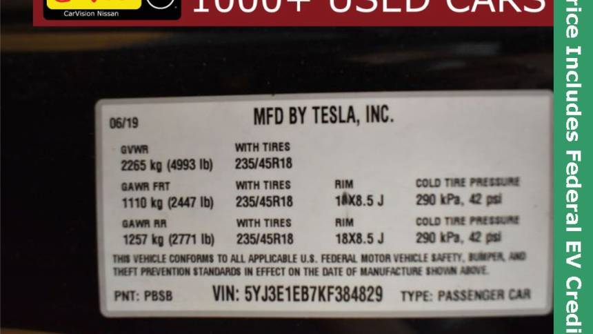 2019 Tesla Model 3 5YJ3E1EB7KF384829